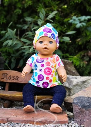 Tričko, legíny a čepice barevné smajliky s modrou